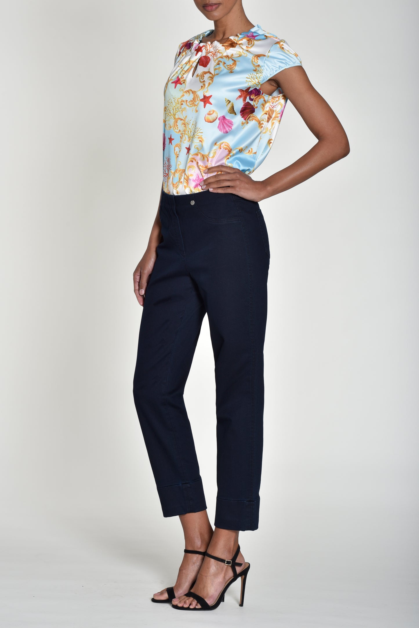 Robell Bella 09 Navy Denim Turn Up Crop