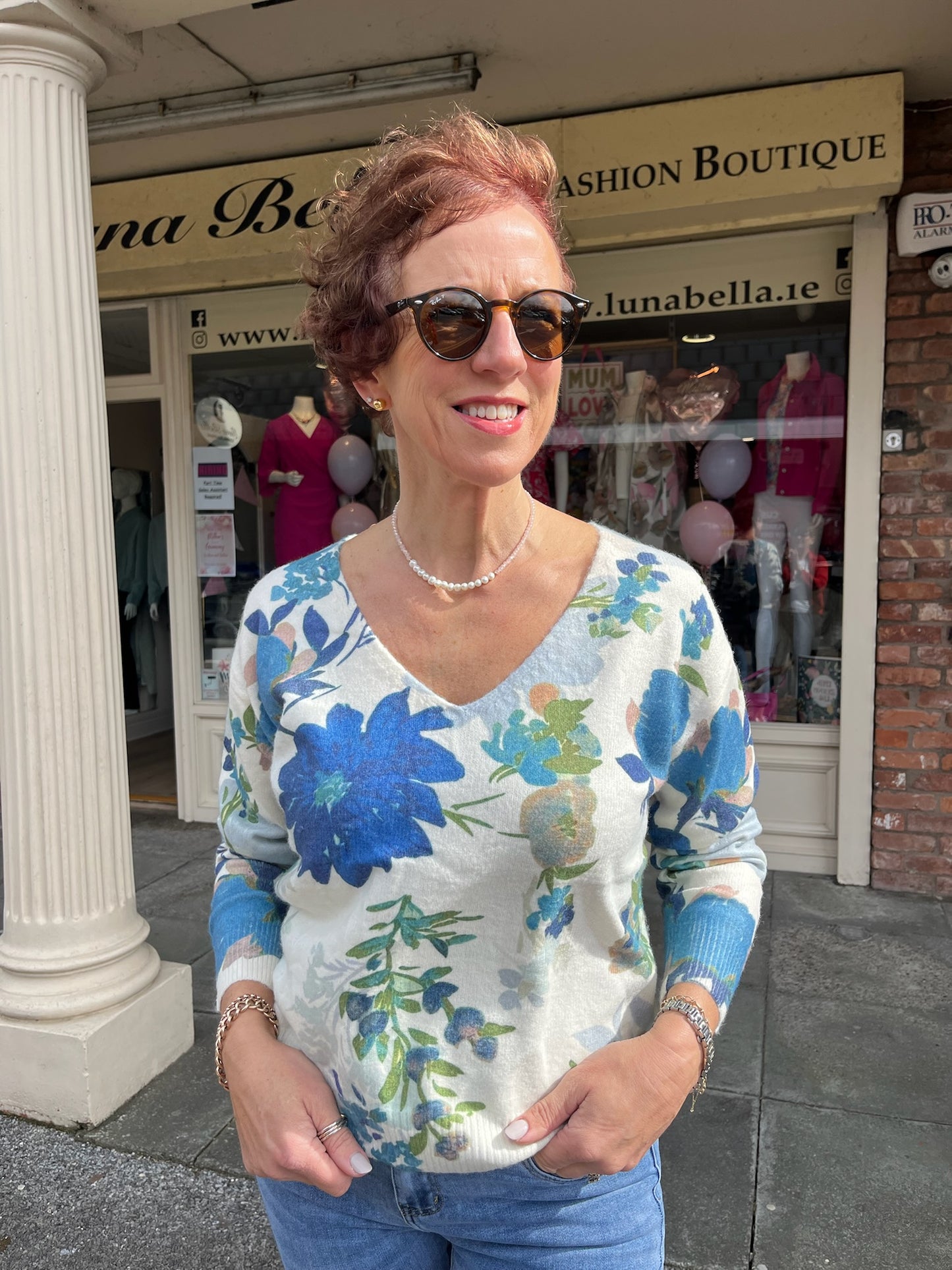 Blue Floral Knit Sweater