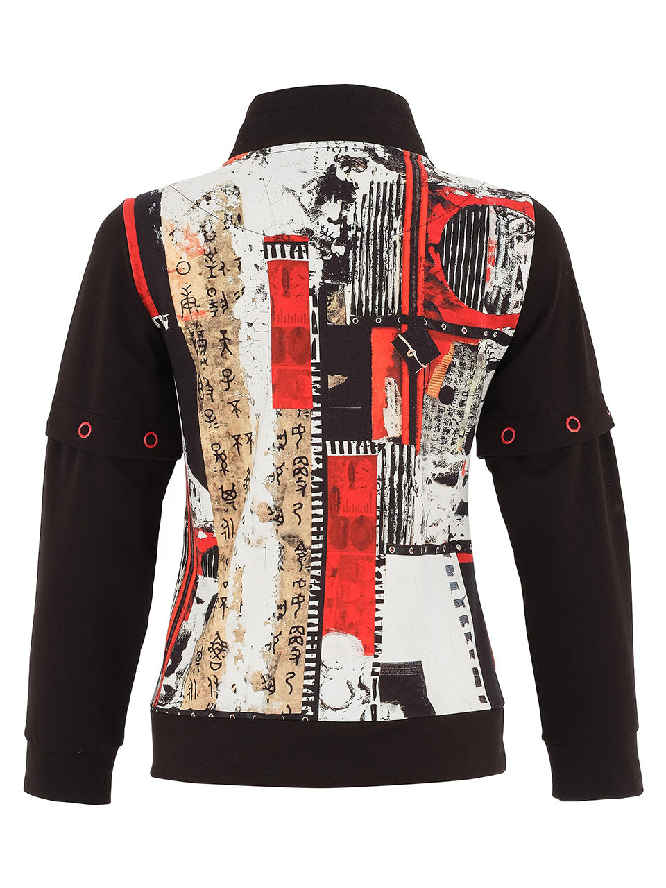Black jacket with a colorful patchwork pattern on the back against a white background