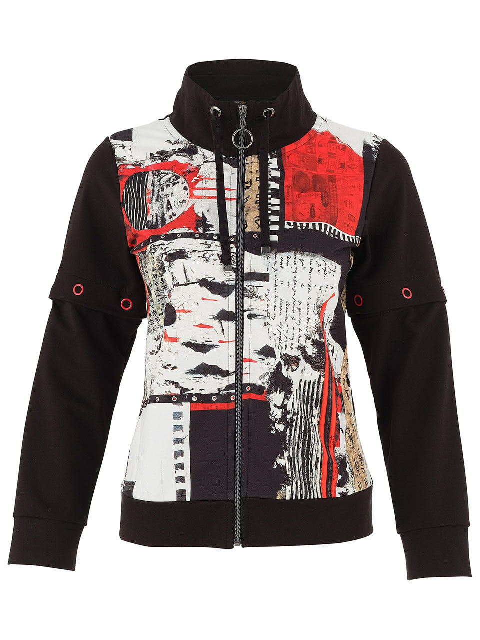 Black jacket with a colorful abstract pattern on a white background