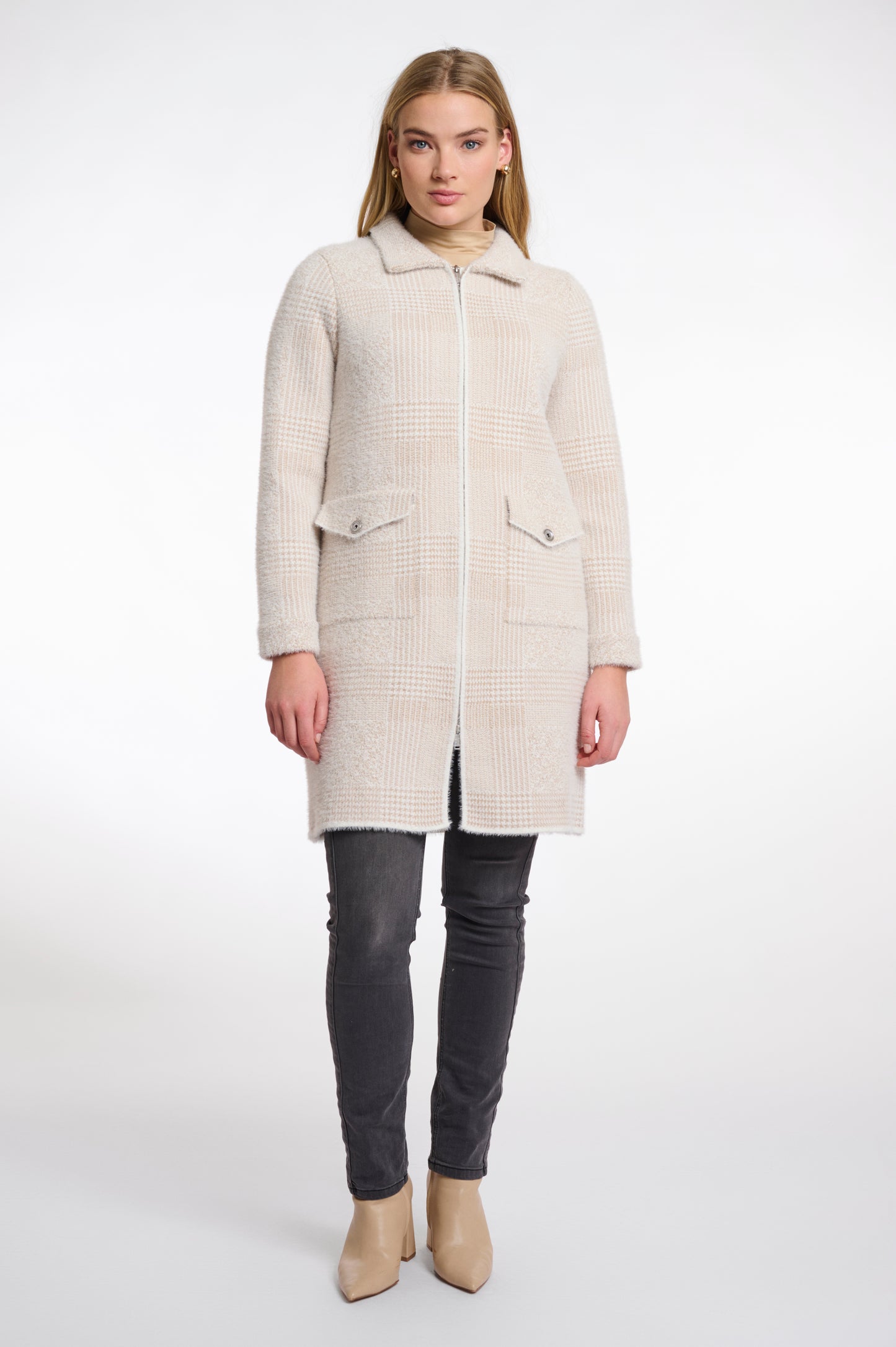 Stone Check Long Zipped Cardigan