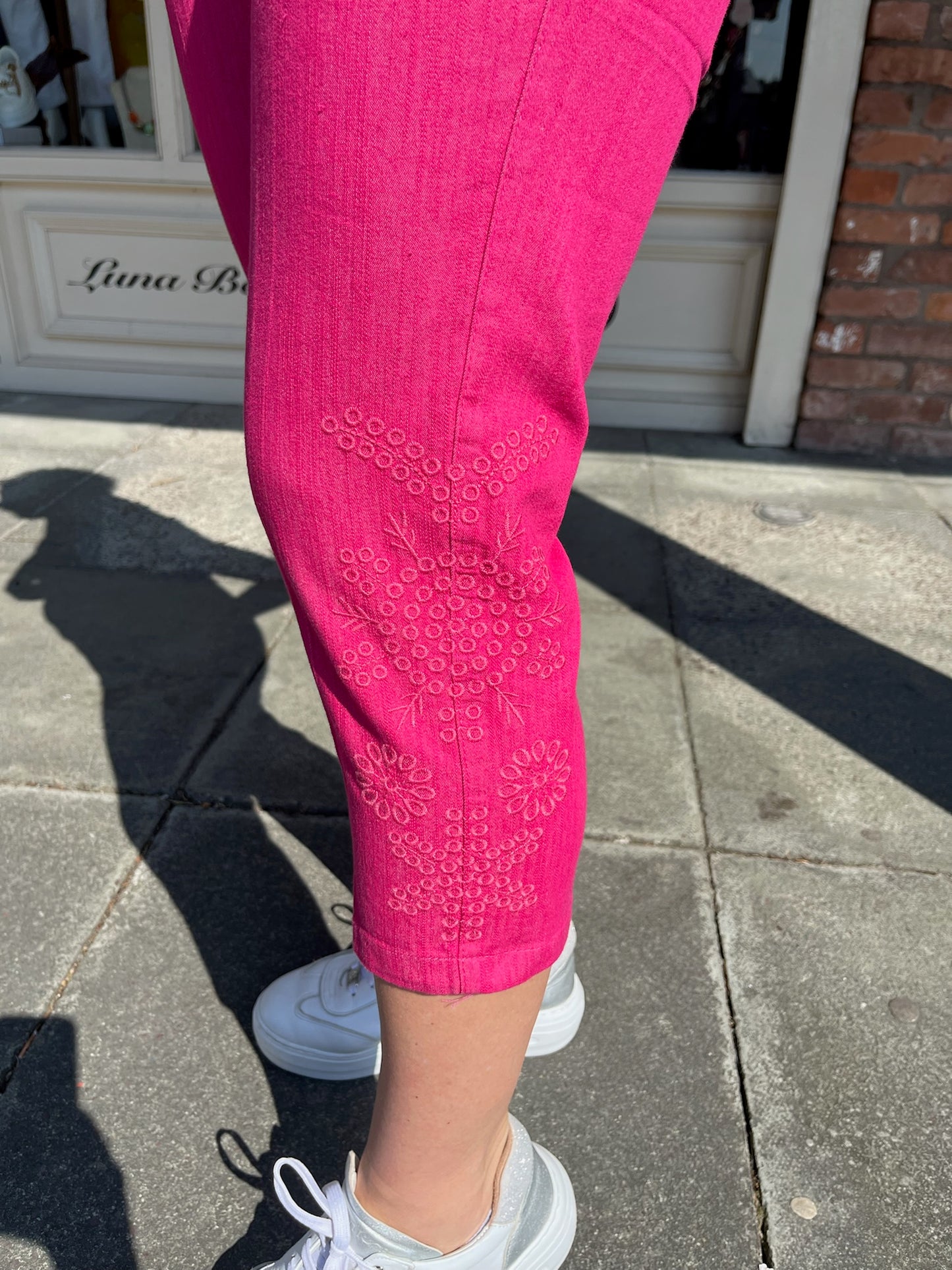 Cerise Pink Embroidered Cropped Trousers
