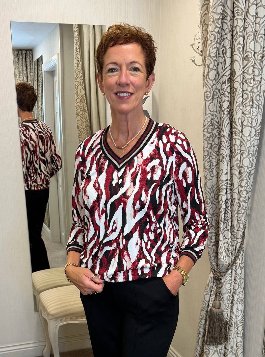 Burgundy and White Abstract Top
