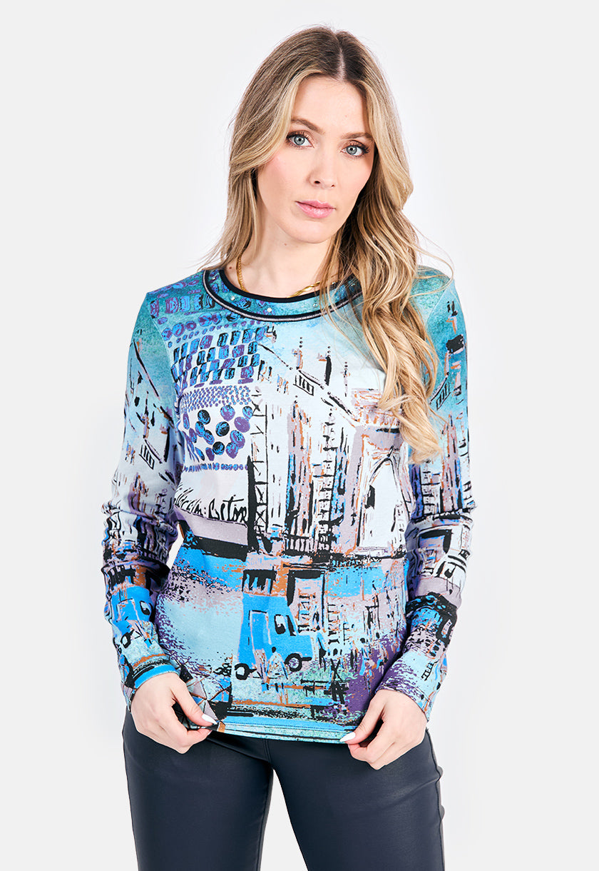 Aqua Streetscape Print Top