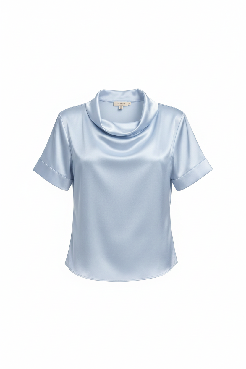light blue satin short-sleeve top with a cowl neck and rolled cuffs,
