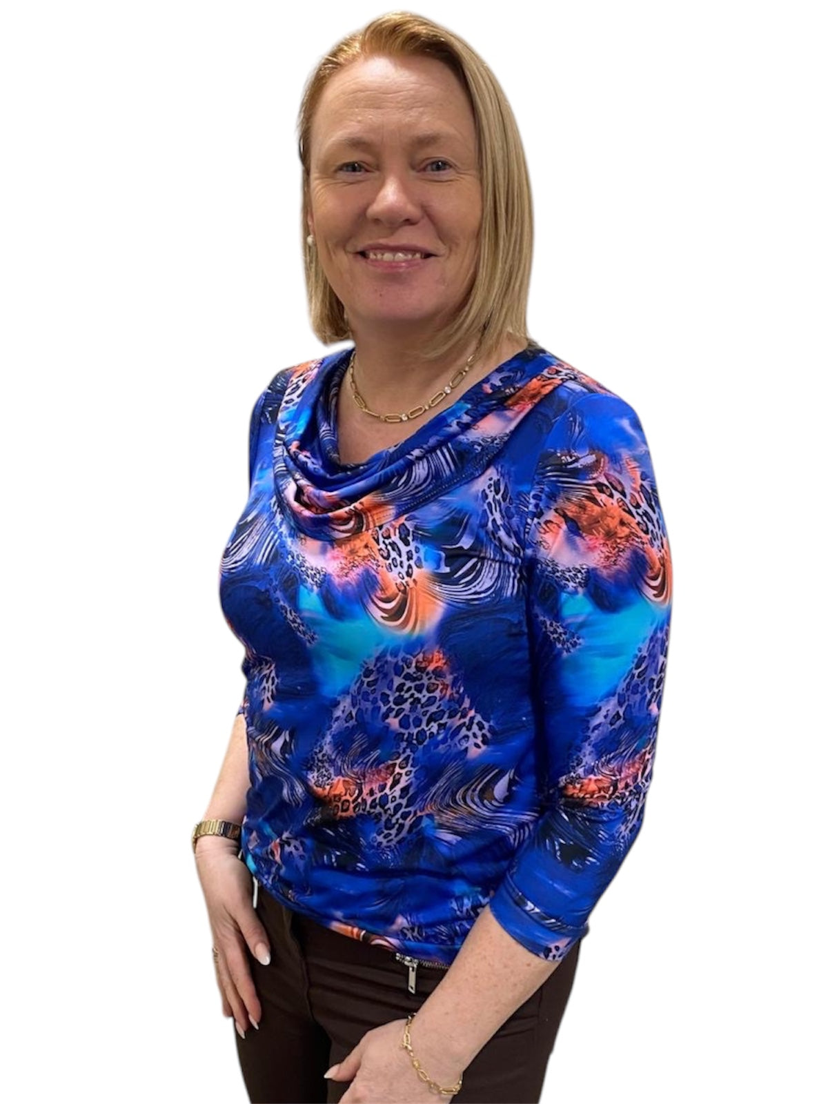 Purple Mix Print Cowl Neck Top