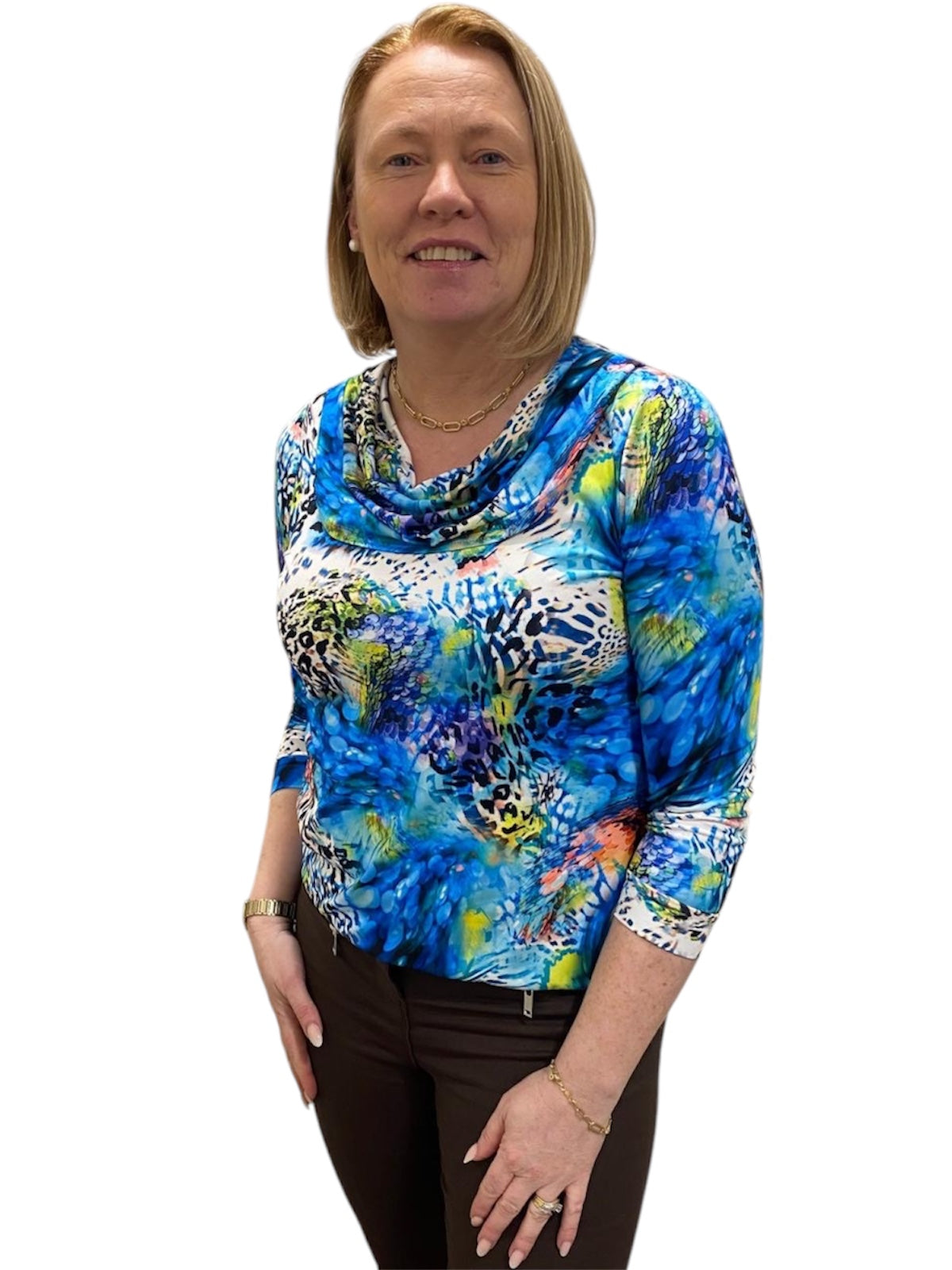 Blue Mix Print Cowl Neck Top