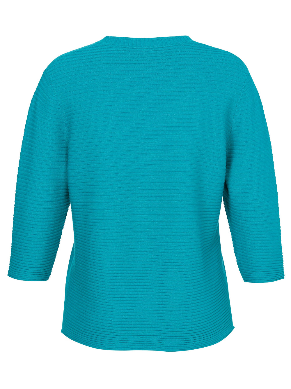 Teal ribbed sweater on a white background
