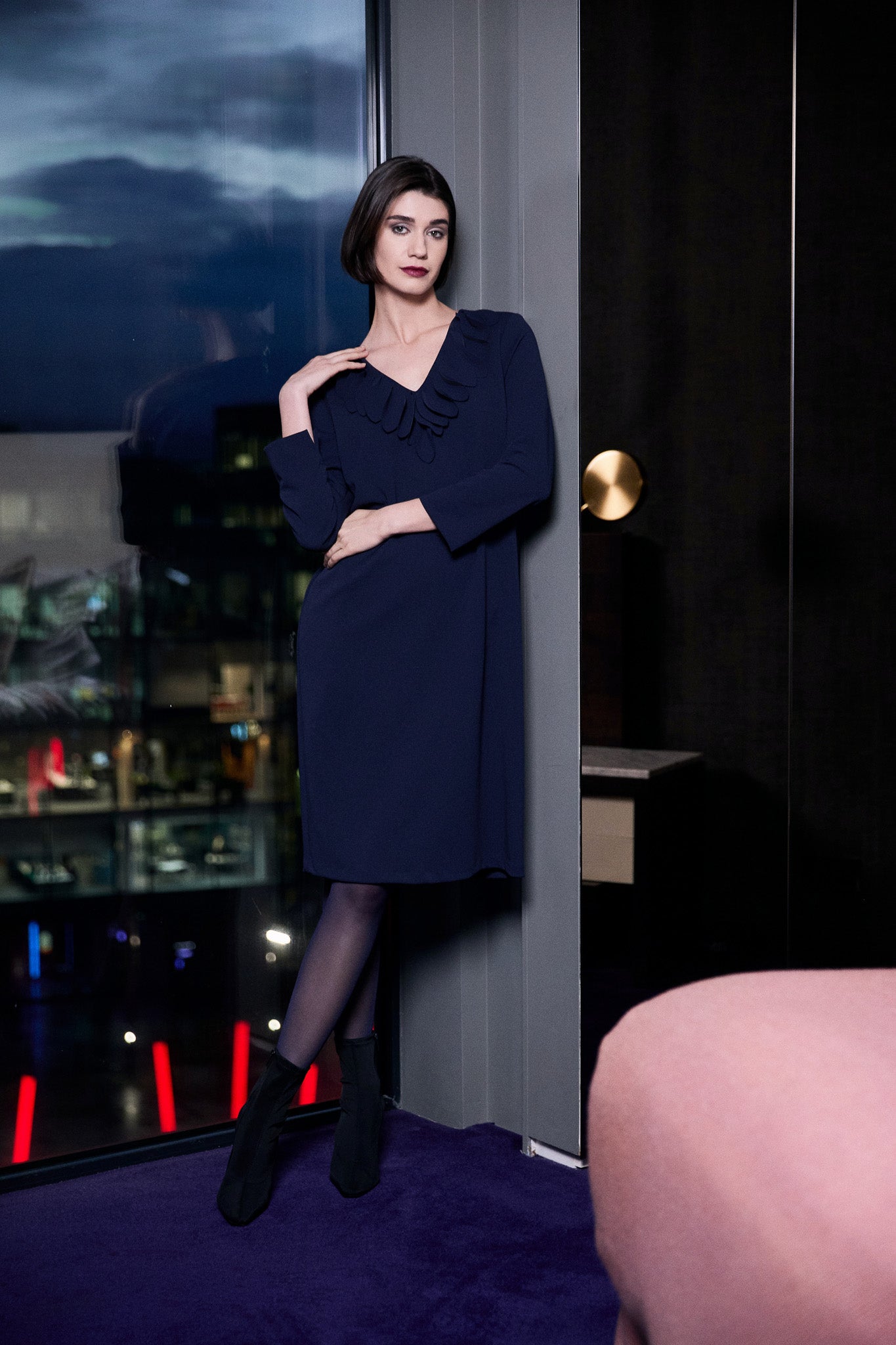 Peruzzi Black Frill Neck Cocktail Dress