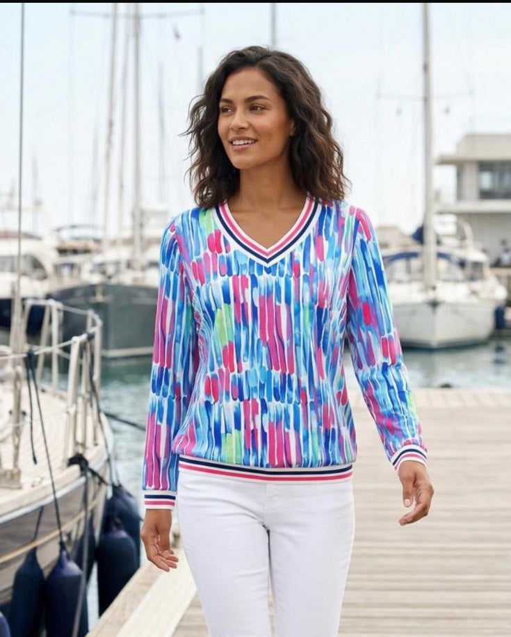 Blue and Pink V neck Top