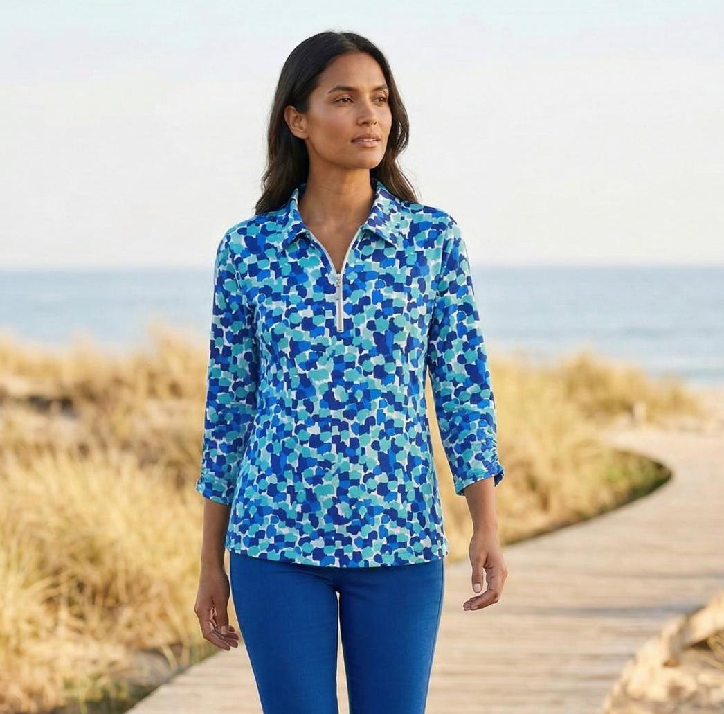 Blue Abstract Print Zip Neckline Top