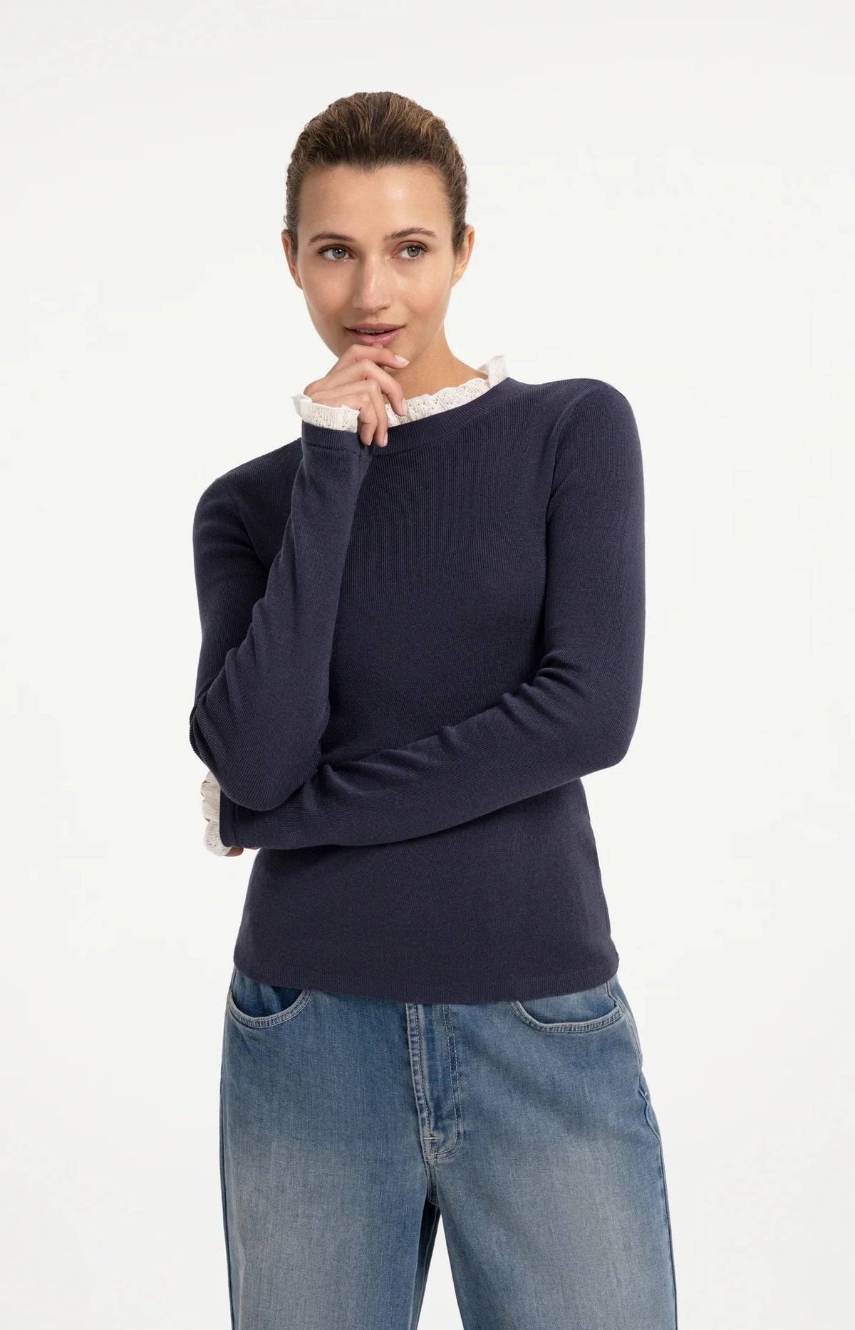 YAYA Fitted rib sweater with ruffle detail