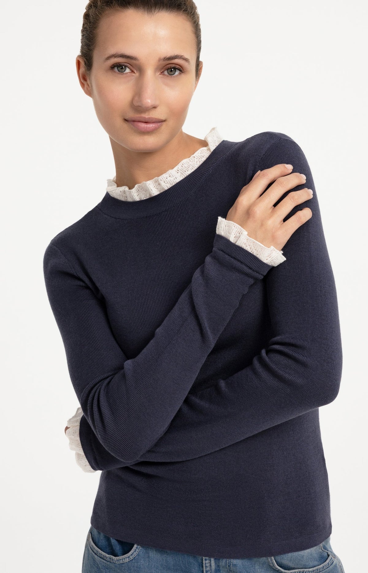 YAYA Fitted rib sweater with ruffle detail