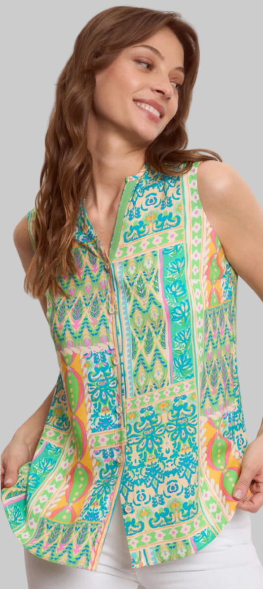 Woman wearing a colorful patterned sleeveless top with a close-up of the garment on a white background.