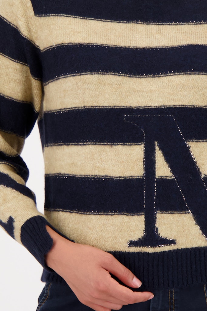 Monari Navy and Ecru Stand Collar Pullover