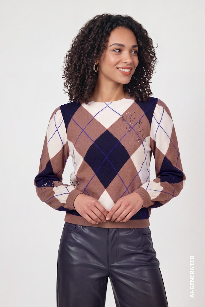 Monari Beige and Navy Diamond Print Sweater