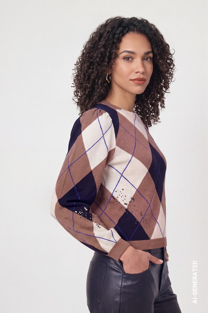 Monari Beige and Navy Diamond Print Sweater