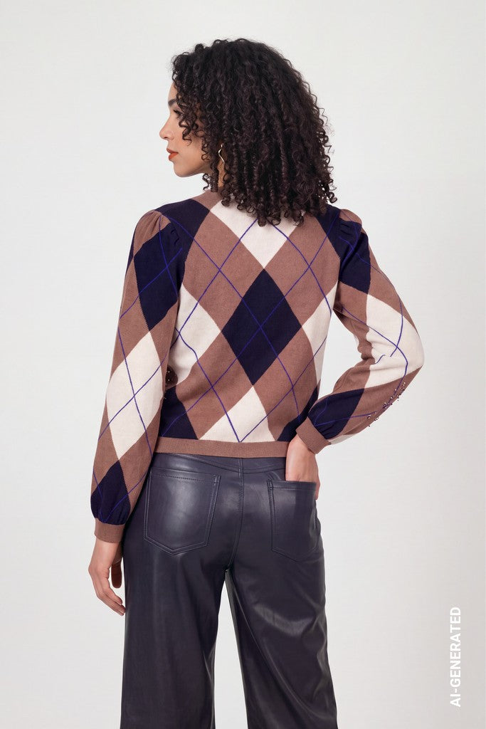 Monari Beige and Navy Diamond Print Sweater