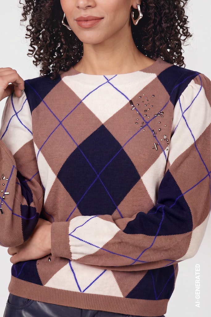 Monari Beige and Navy Diamond Print Sweater