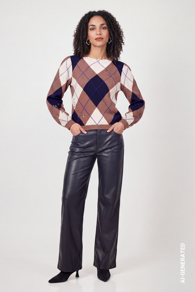 Monari Beige and Navy Diamond Print Sweater