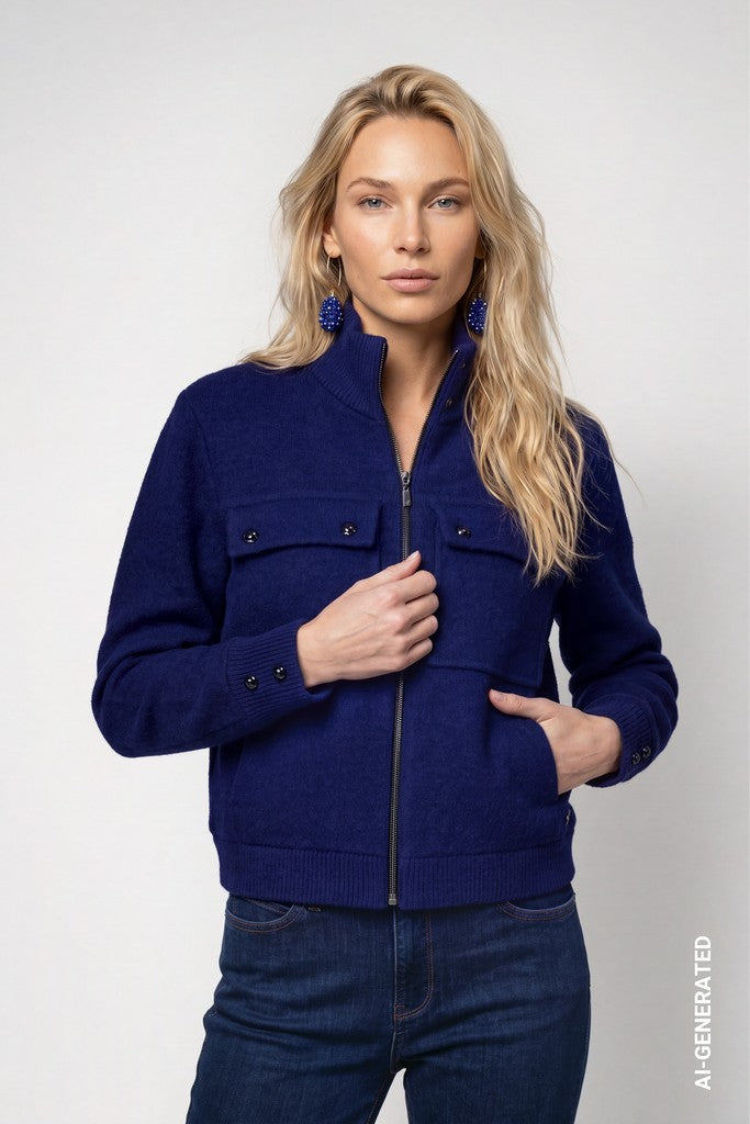 Monari Navy Cardigan with Flap Pockets