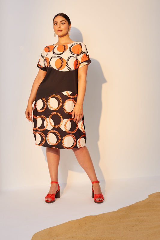 Black & Mandarin Circle Print Dress