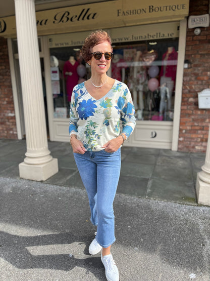 Blue Floral Knit Sweater
