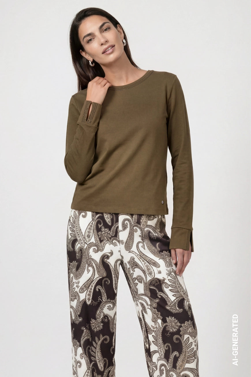 Monari Olive Rhinestone Sweater