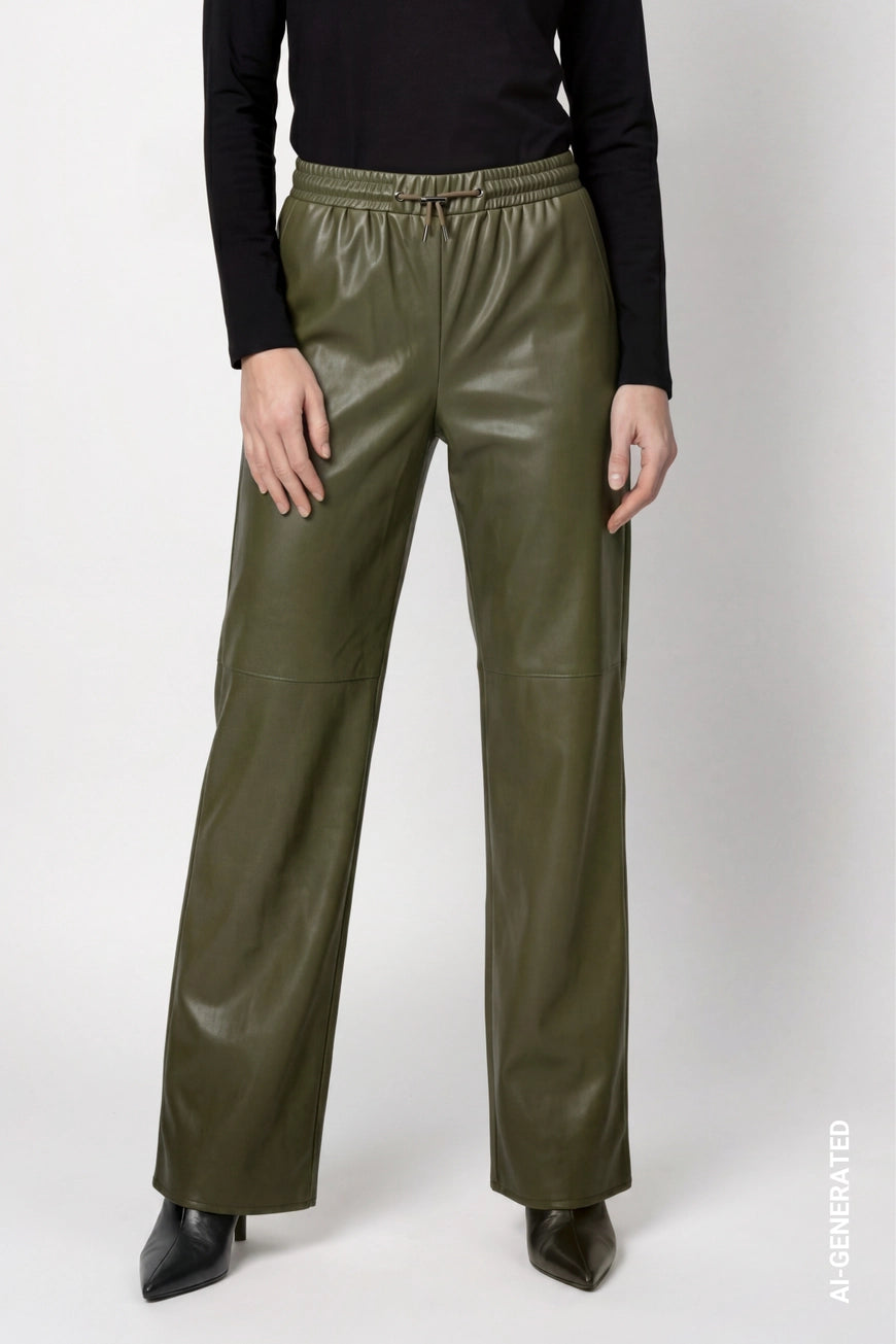 Monari Olive Faux Leather Trousers