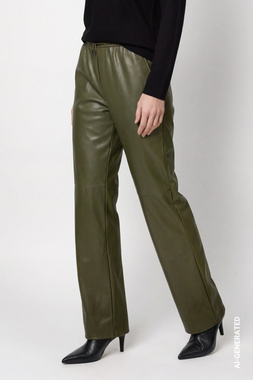 Monari Olive Faux Leather Trousers