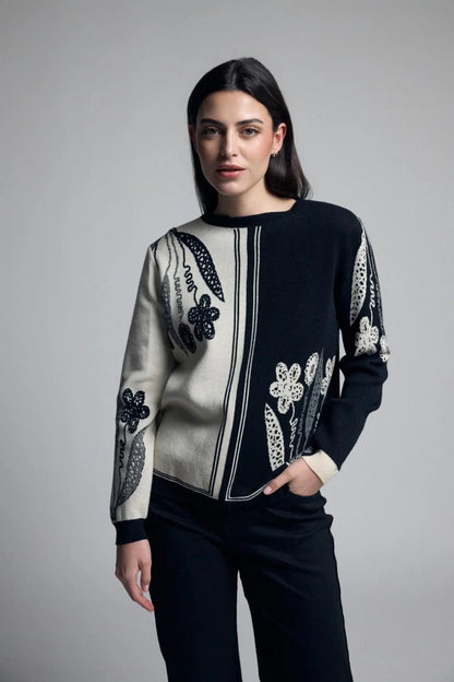 Tinta Black and White Embroidered Pullover