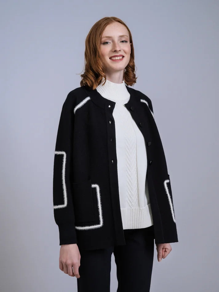 Black Cardigan with Cream Trim