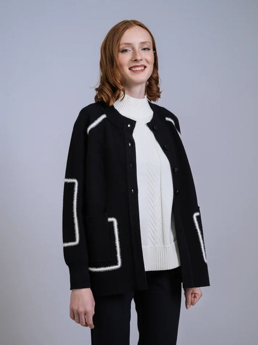 Black Cardigan with Cream Trim