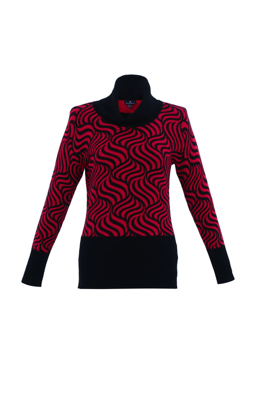 Marble Red Swirl Print Cowl Neck Sweater