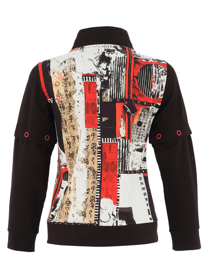 Black jacket with a colorful patchwork pattern on the back against a white background
