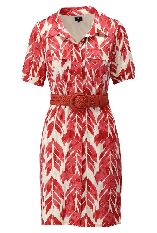 Red Leaf Print Belted Dress