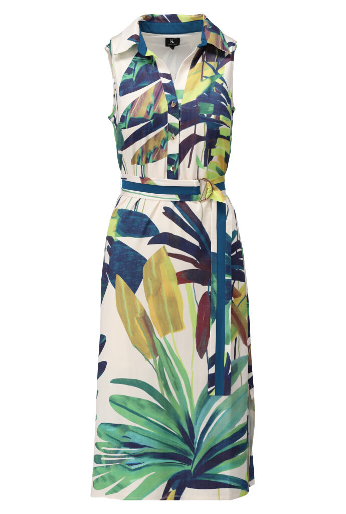 Tropical Leaf Print Sleeveless Dress