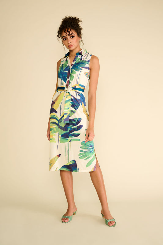 Tropical Leaf Print Sleeveless Dress