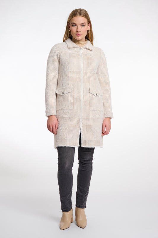 Stone Check Long Zipped Cardigan