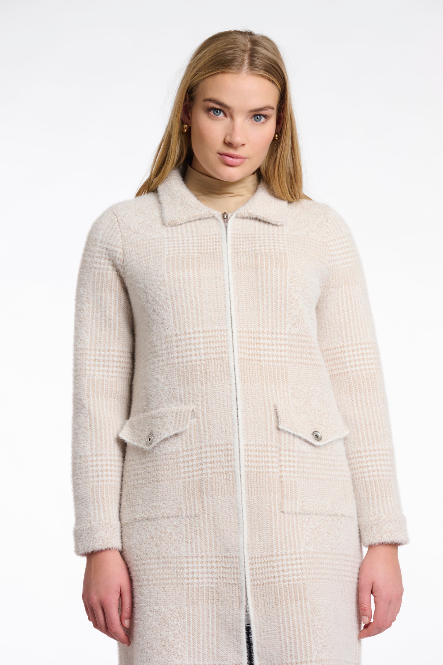Stone Check Long Zipped Cardigan
