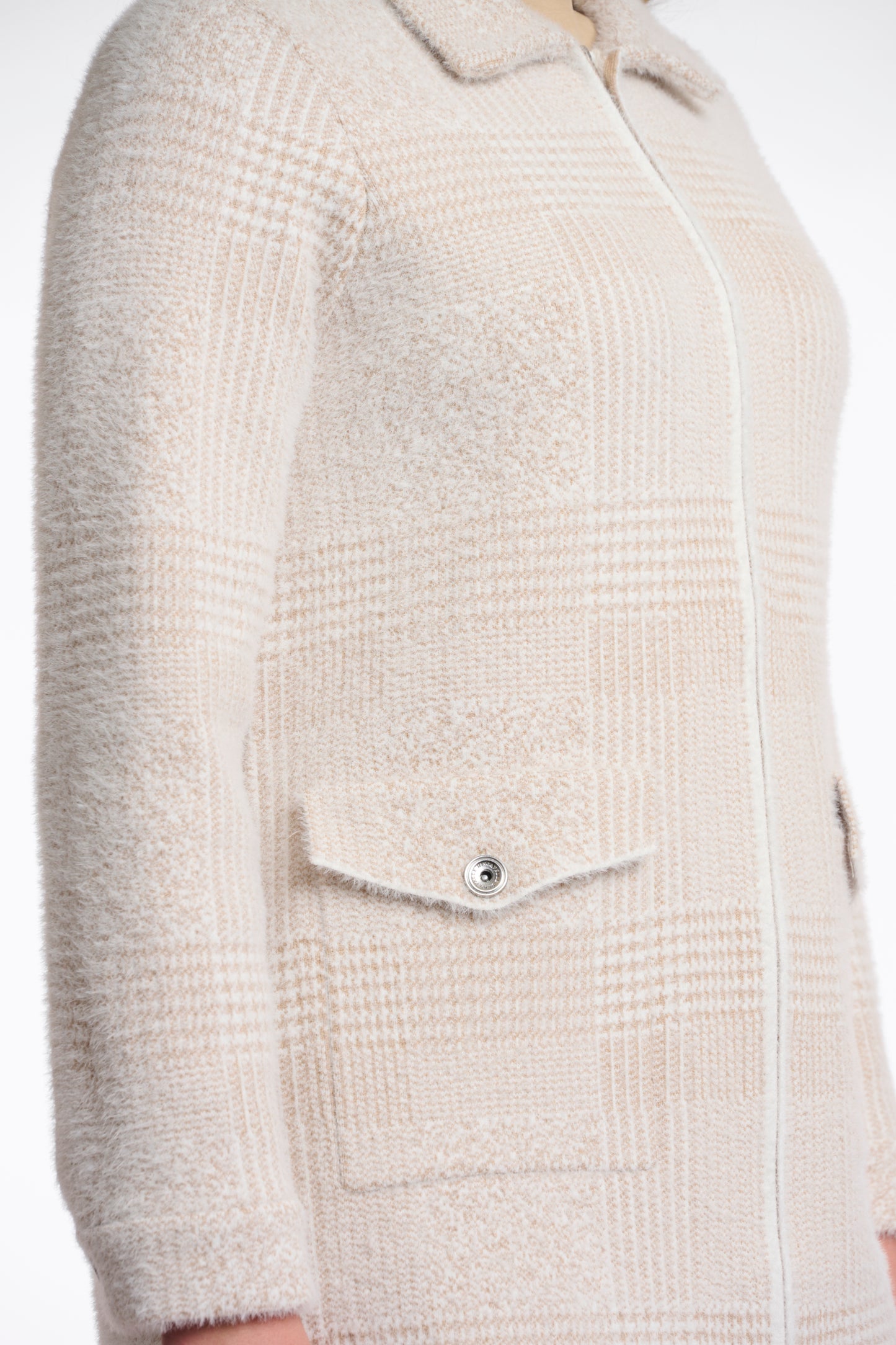 Stone Check Long Zipped Cardigan