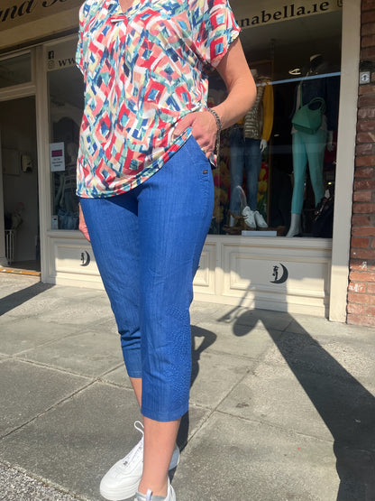 Royal Blue Embroidered Cropped Trousers