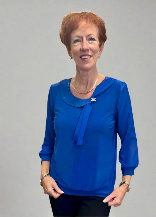 Royal Blue Top With Sparkle Brooch Neckline