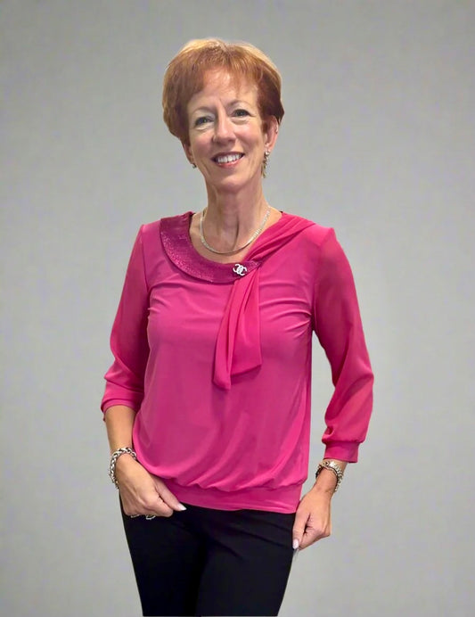 Cerise Pink Top With Sparkle Brooch Neckline