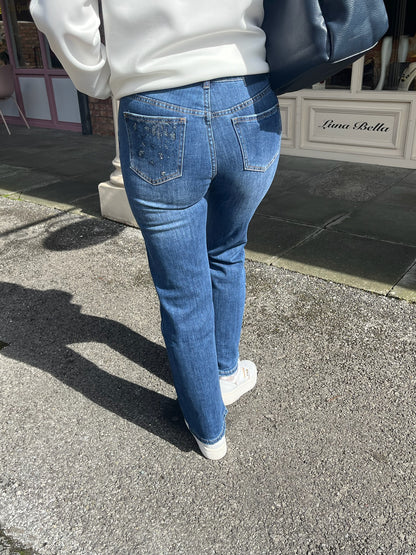 Rhinestones Embossed Jeans