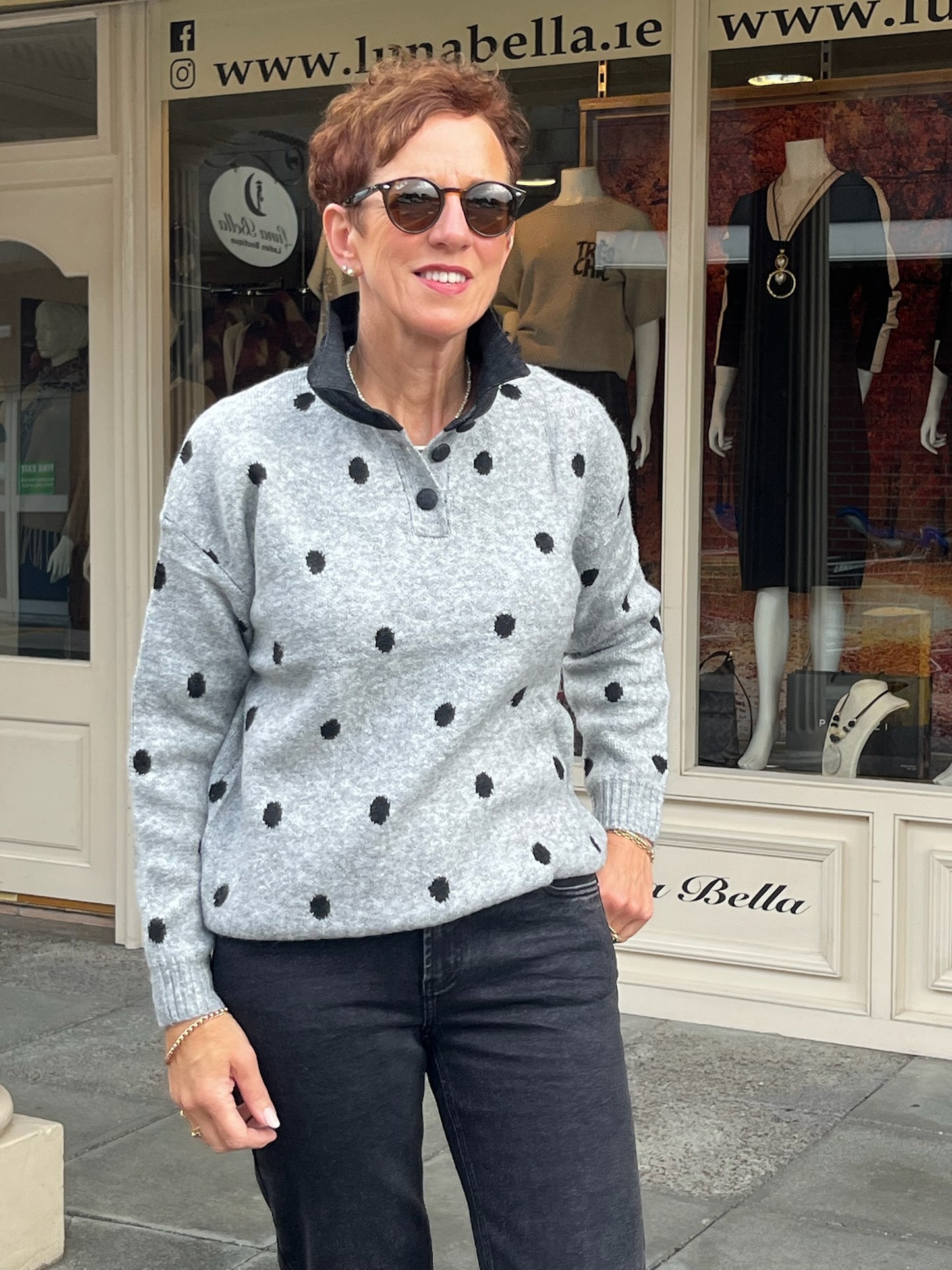 Grey Navy Polka Dot Jumper