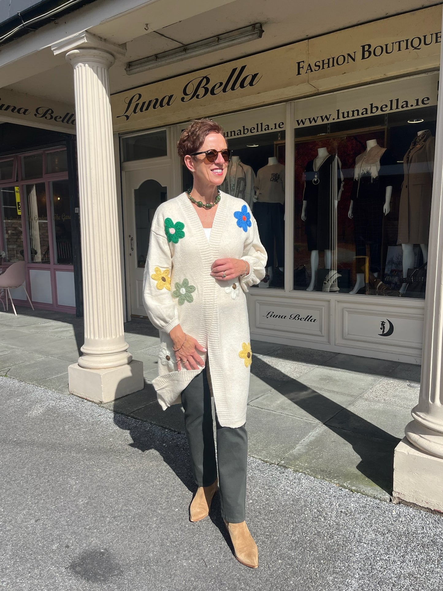Long Cream Flower Embossed Cardigan