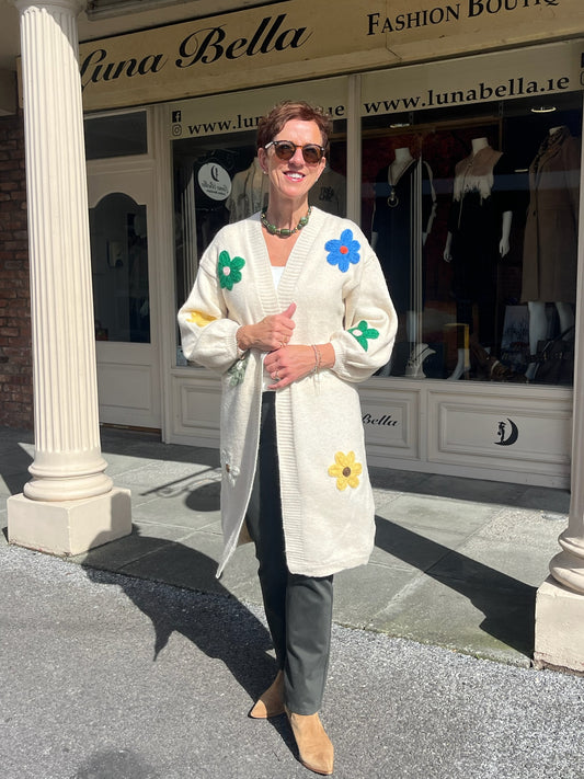 Long Cream Flower Embossed Cardigan