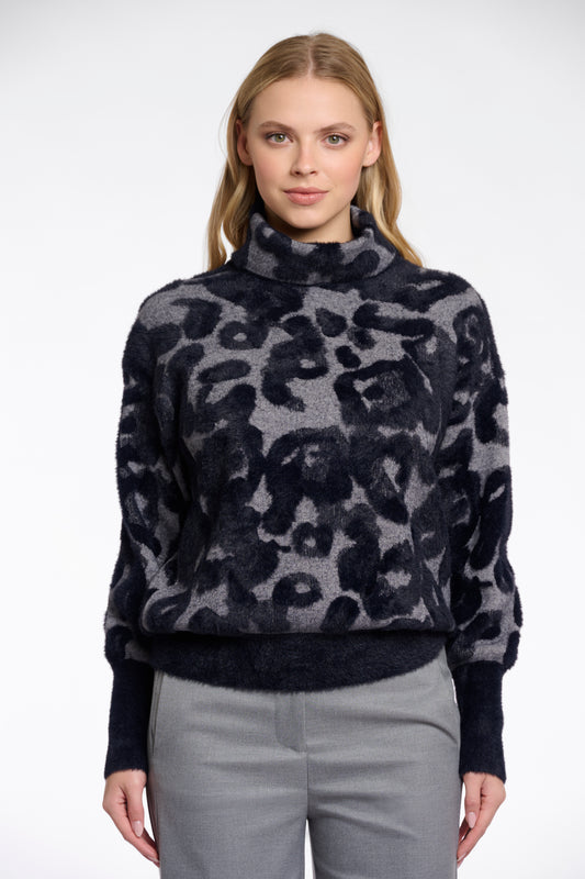 Black Leopard Print Boxy Turtleneck