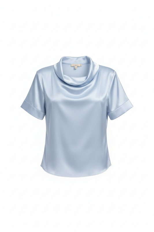 light blue satin short-sleeve top with a cowl neck and rolled cuffs,